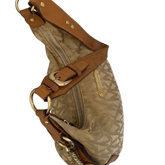 Michael Kors Canvas Hobo Shoulder Bag Tan MK Logo Gold Hardware Leather Trim - Picture 8 of 12